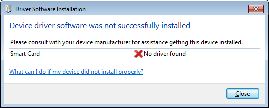 device driver software was not successfully installed - smart card - no driver found