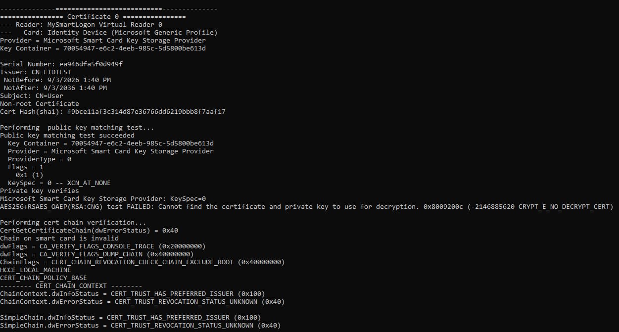 certutil -scinfo output: public key matching succeeds, decrypt test fails with CRYPT_E_NO_DECRYPT_CERT