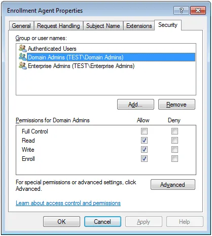 Enrollment agent template security settings