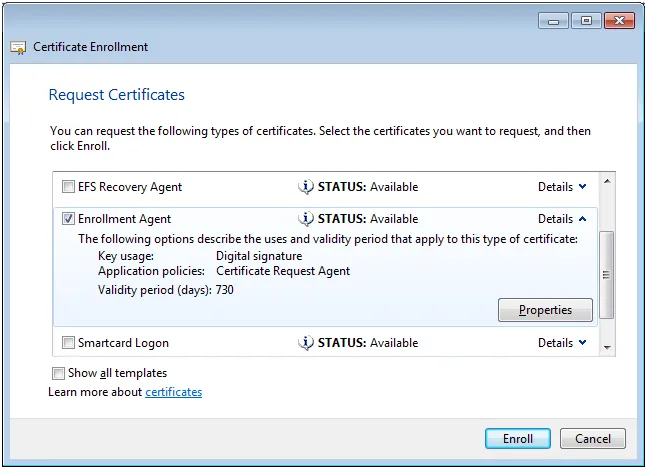 Enrollment agent certificate in certmgr