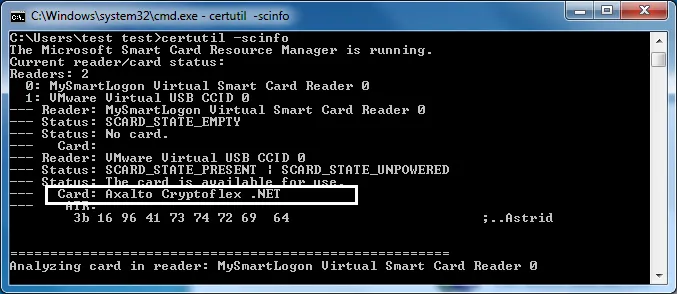 certutil -scinfo output showing Card name