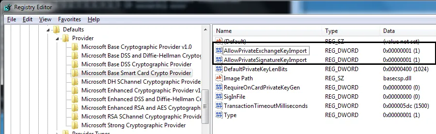 Registry values enabling PFX import