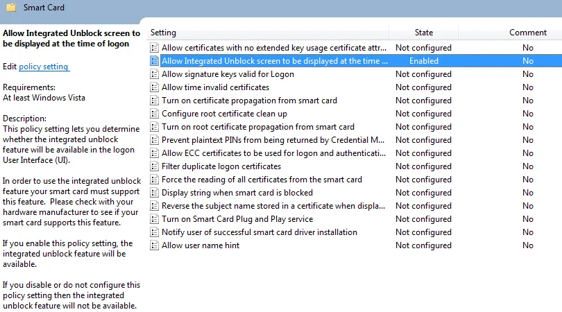 Integrated unblock screen Group Policy setting