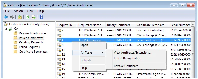 Revoke certificate in CA console
