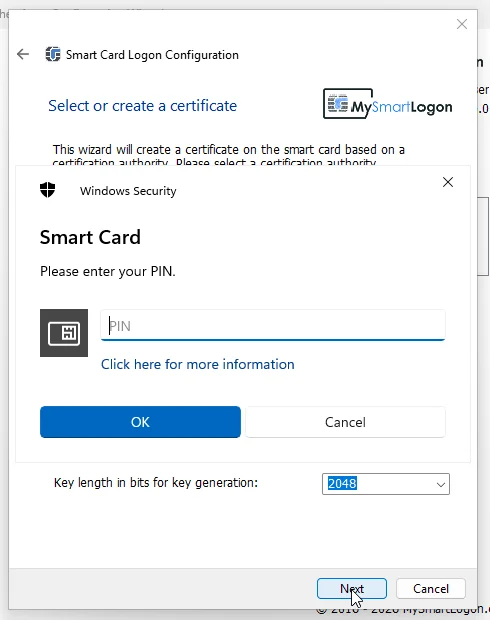 Windows asks for the PIN during key generation
