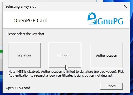 Key slot dialog of the OpenPGP CSP