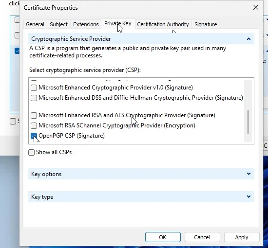 OpenPGP CSP selected in the enrollment wizard