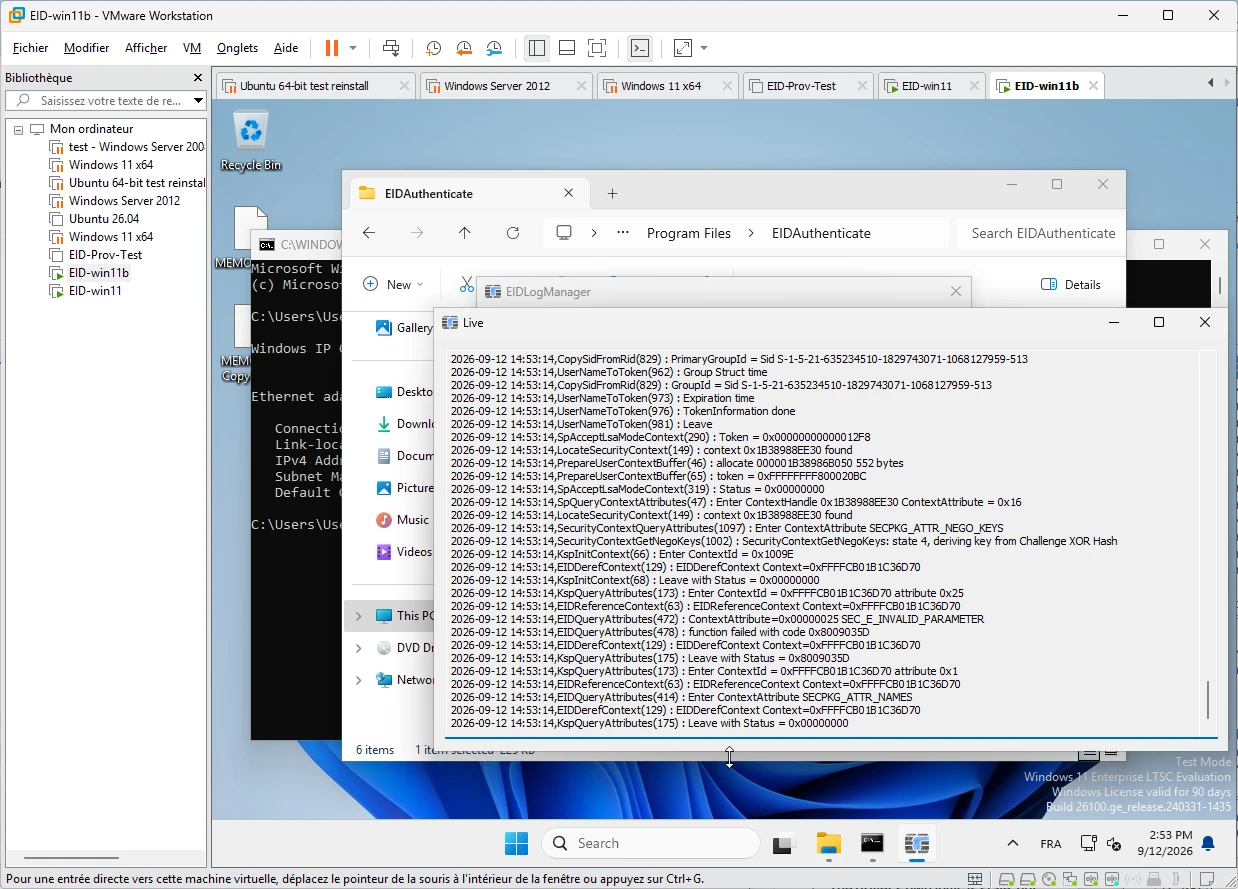 Live ETW trace showing KspQueryAttributes attribute 0x25 failing with SEC_E_INVALID_PARAMETER, code 0x8009035D