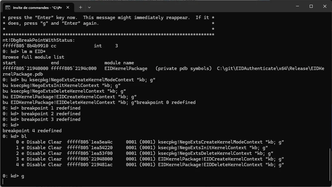 WinDbg kernel debugger session with breakpoints on NegoExts and EIDKernelPackage context functions
