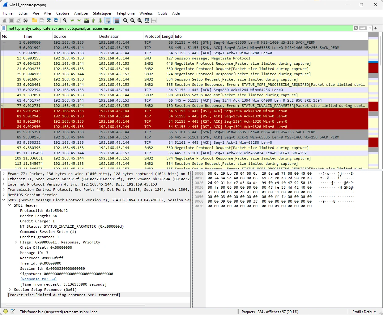 Wireshark capture of an SMB2 session showing Session Setup Response Error STATUS_INVALID_PARAMETER followed by a TCP reset and retry