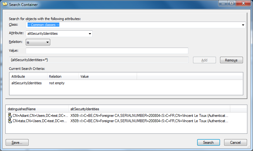ADExplorer search for altSecurityIdentities