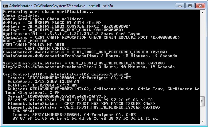 certutil -scinfo chain validates