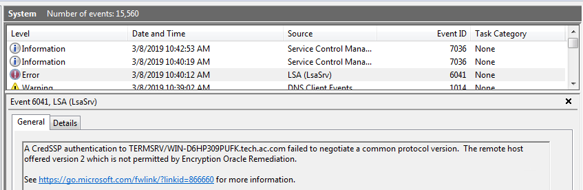 CredSSP-related error detail