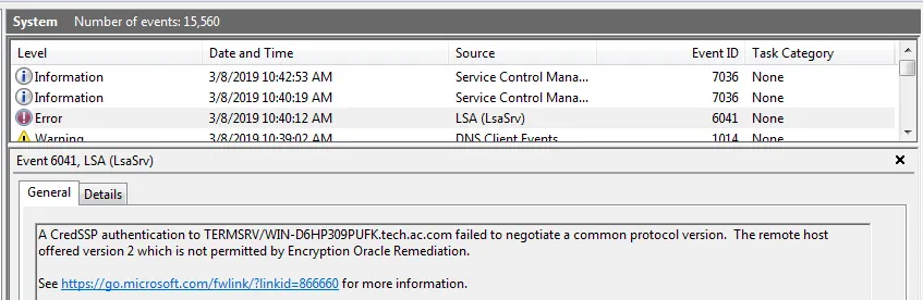 CredSSP-related error detail