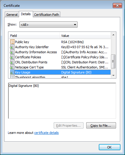 Certificate Key Usage extension - valid