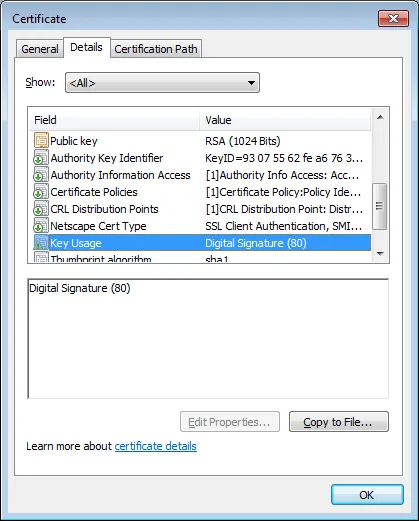 Certificate Key Usage extension - valid