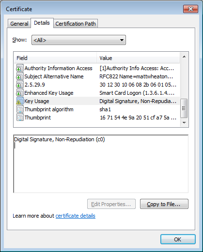 Certificate Key Usage extension detail